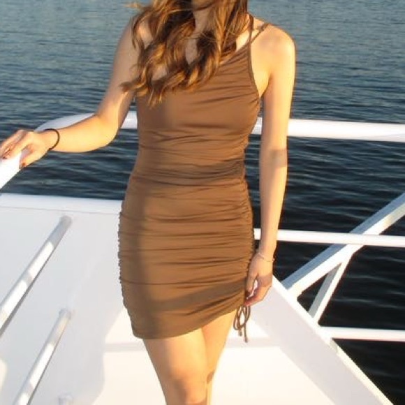 Zara Draped Asymmetric Brown Bodycon Dress - Picture 2 of 4